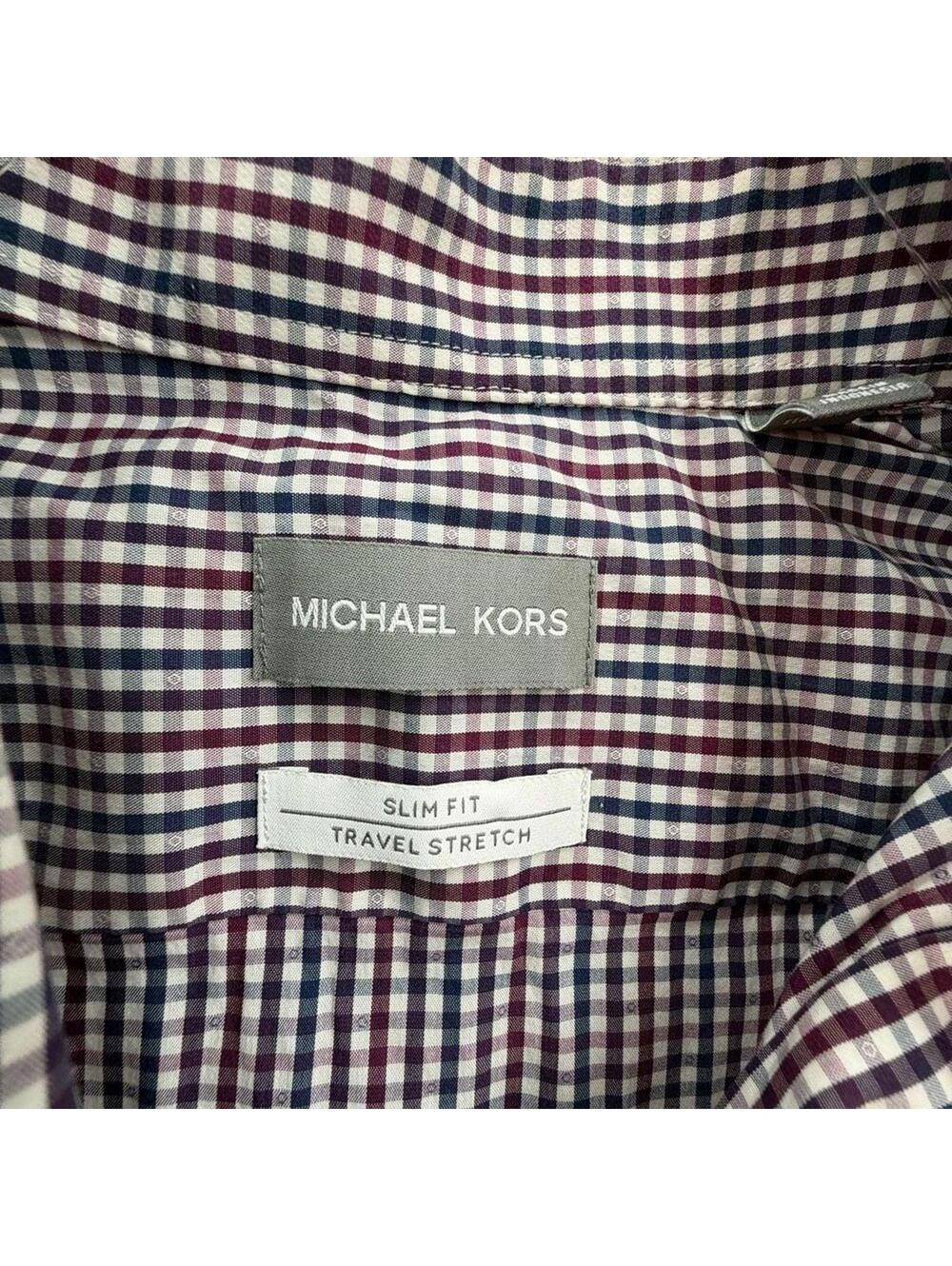 Michael Kors Mens Slim Fit Travel Stretch Gingham Shirt Burgundy